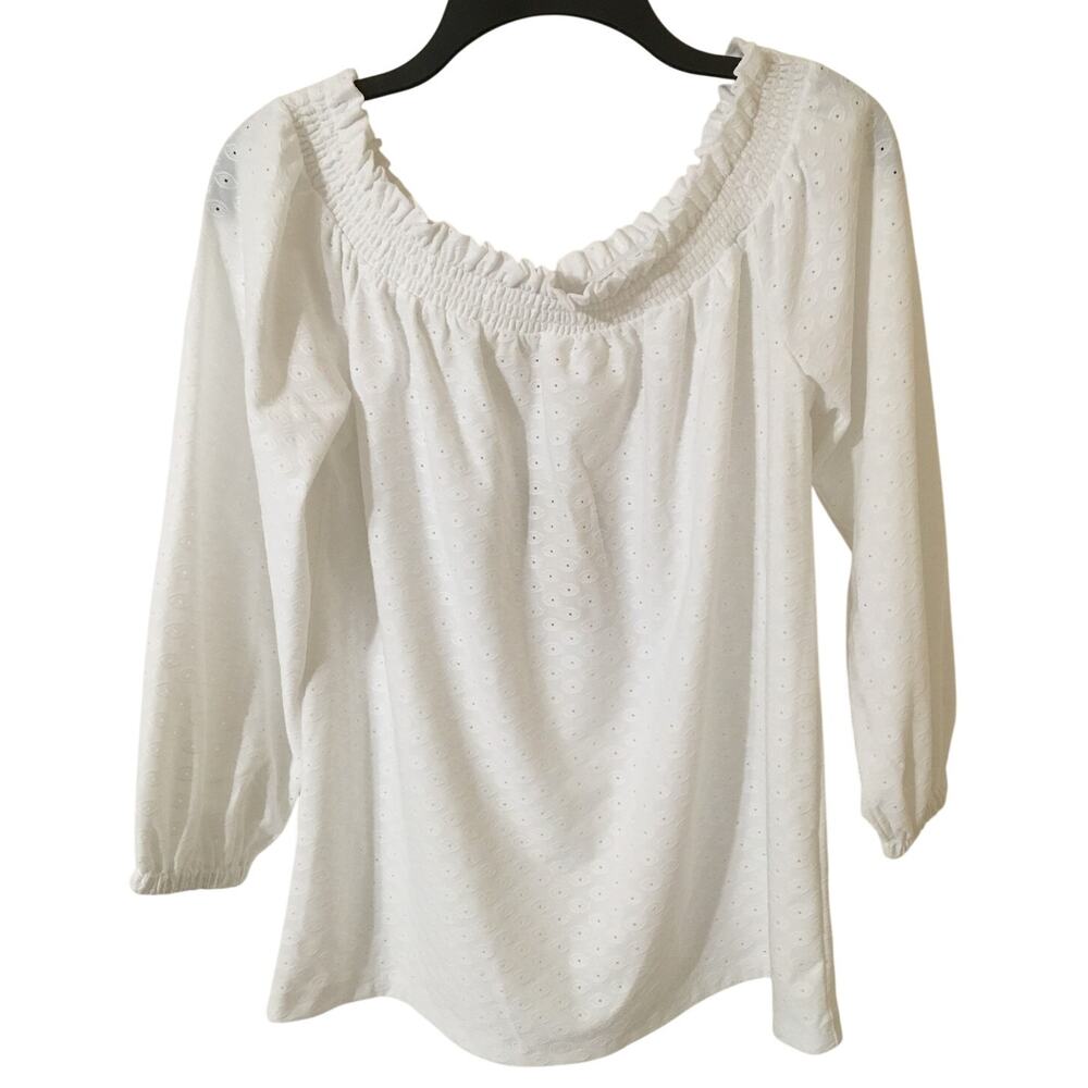 NWT Michael Kors Fashion Basics XS White Gathered Off The Shoulder Eyelet Top - Picture 4 of 9